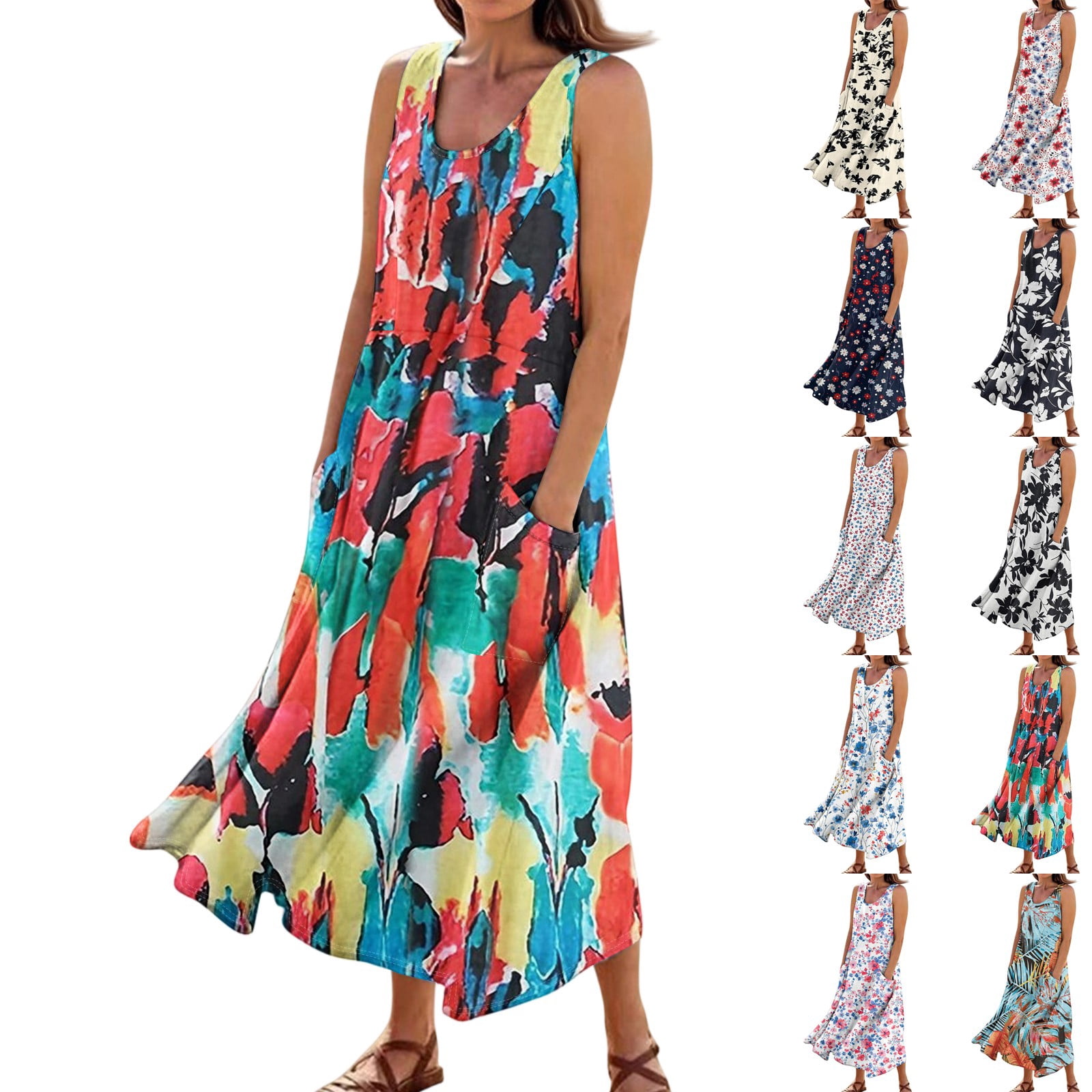 Colorful Abstract Dresses With Deep U Neck And Flowy A Line Cut ...