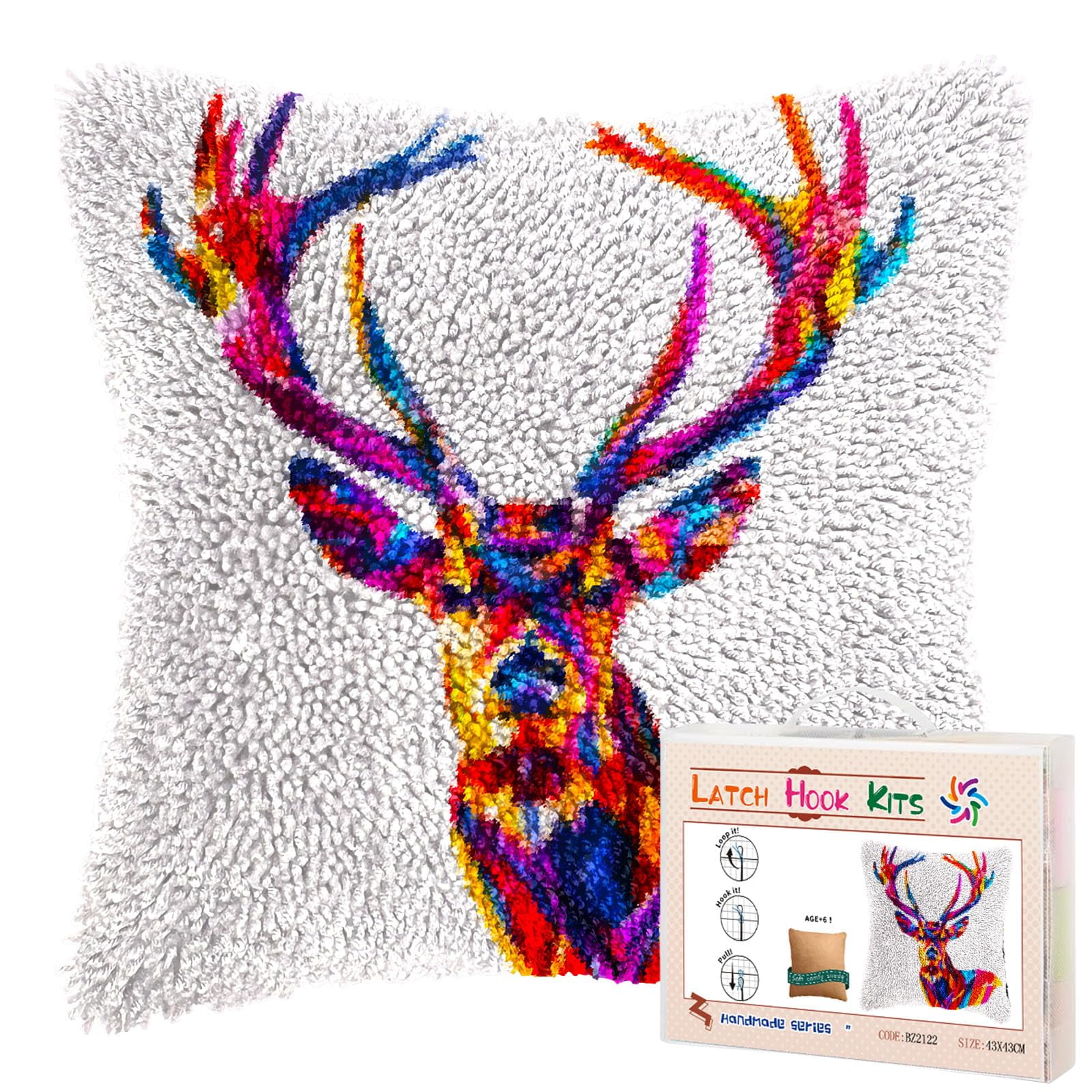 Colorful Abstract Elk Deer DIY Latch Hook Pillow Kits for Adults Printed Pillowcase Crochet Yarns Hooking Handmade Pillow Cover Cushion for Home Sofa Decoration 17x17inch(2)
