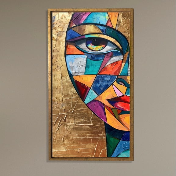 Colorful Abstract Face, Modern Geometric Portrait in Gold Background, Contemporary Vertical Wall Art for Living Room Poster Decor, Size 8x12 UNFFRAMED F03.1.8l1472