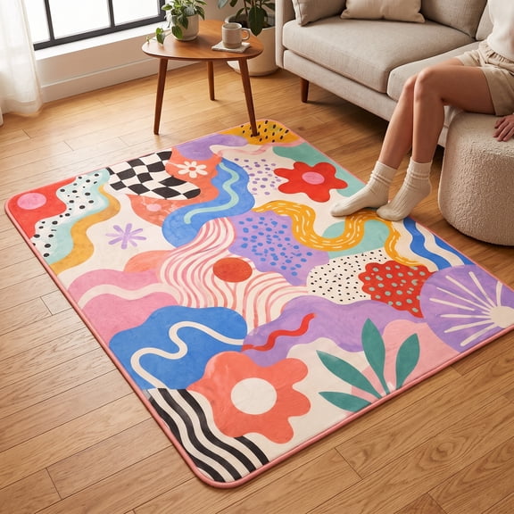 Colorful Abstract Flannel Area Rug, 40 x 60 cm, 1.2 cm Thick Rectangular Floor Mat with Textured Dotted Backing for Living Room, Bedroom, Entryway and Home Decor