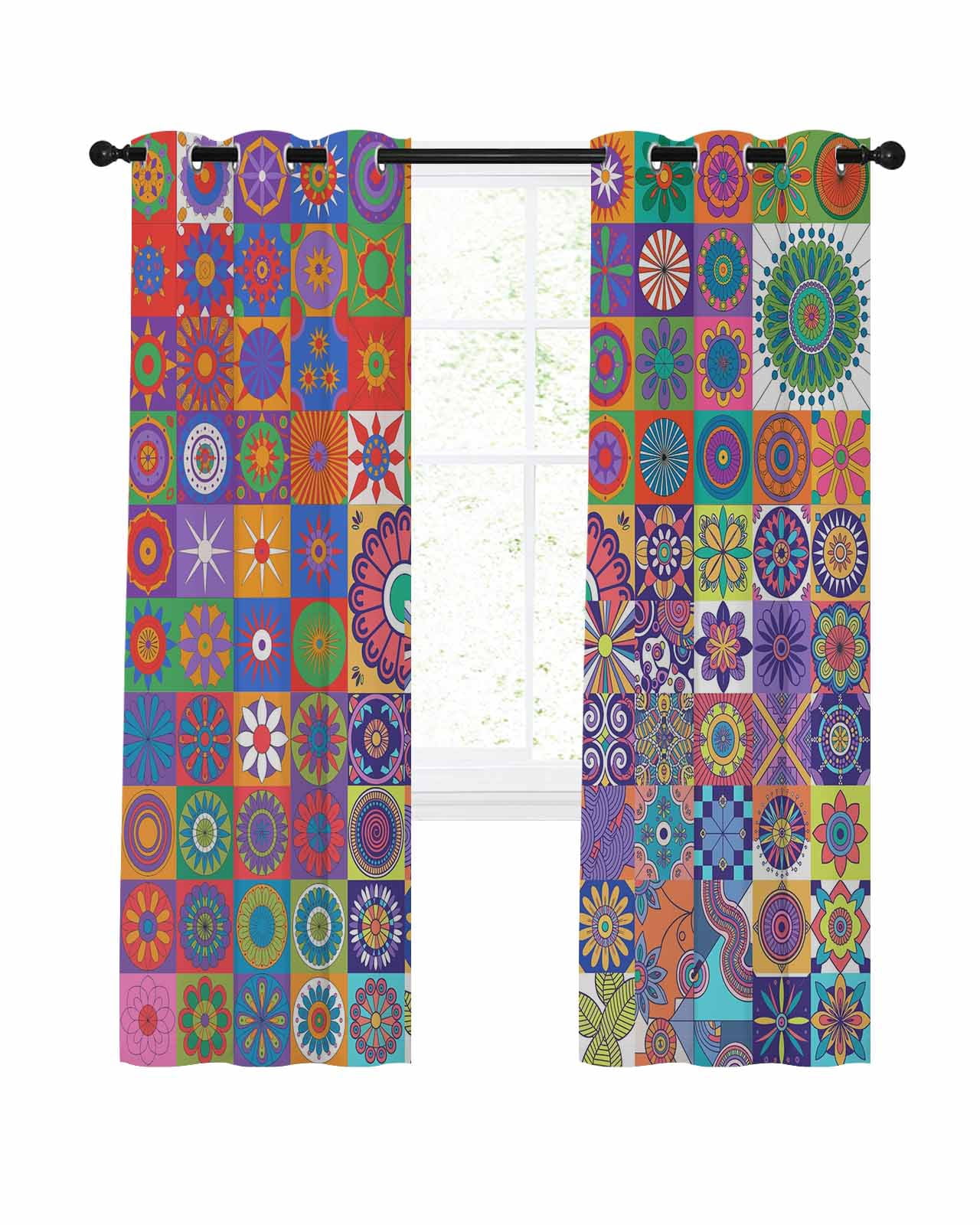 Colorful Abstract Floral Blackout Curtains for Bedroom Living Room, Countryside Flower Plaid Ethnic 39 In Long Thermal Insulated Room Darkening Drapes Grommet Window Treatments, 27.5 x 39 In