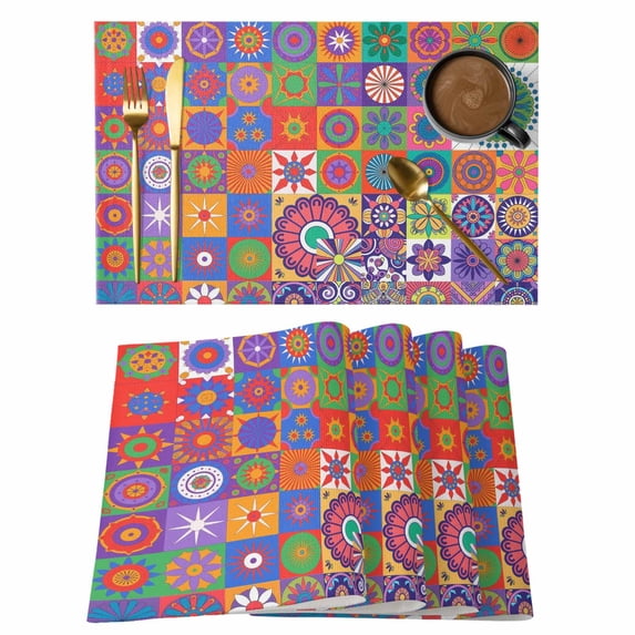 Colorful Abstract Floral Placemats Set of 4, Countryside Flower Plaid Ethnic Non-Slip Place Mats Washable Table Mats for Kitchen Dining Table Decorations Indoor/Outdoor
