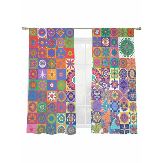 Colorful Abstract Floral Sheer Curtains for Living Room Bedroom, Light-filtering Sheer Curtain, Countryside Flower Plaid Ethnic Rod Pocket Voile Window Treatment Drapes, 52’’Wx63’’L, 2 Panels Set