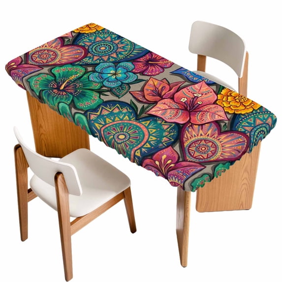 Colorful Abstract Floral Table Cloths for 3 Foot Rectangle Tables, Farmhouse Vintage Flowers Boho Patio Waterproof Elastic Fitted Tablecloths, Washable Rectangular Table Cover for Camping