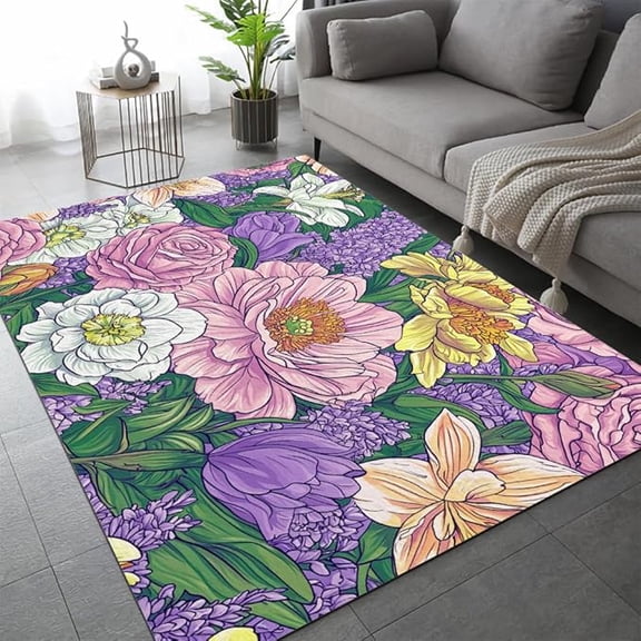 Colorful Abstract Flowers Area Rugs, Rose Daisy Lavender 3D Print Carpet, Washable Rugs Mat, Non-Slip Home Decor Thermal Carpet for Office Activity Room Hallway Entryway 5 x 8ft