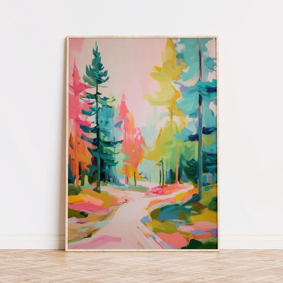 Colorful Abstract Forest Poster: Modern Impressionist Landscape, Stretched Canvas Size 8x12