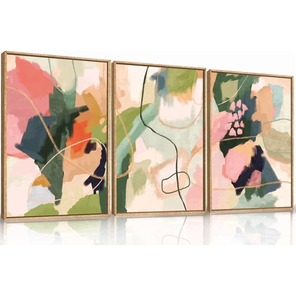 Colorful Abstract Framed Canvas Wall Art Set,Modern Multicolor Pastel Minimalist Line Wall Decor,Boho Green and Pink Painting for Living Room,Bedroom-16 x24 x3