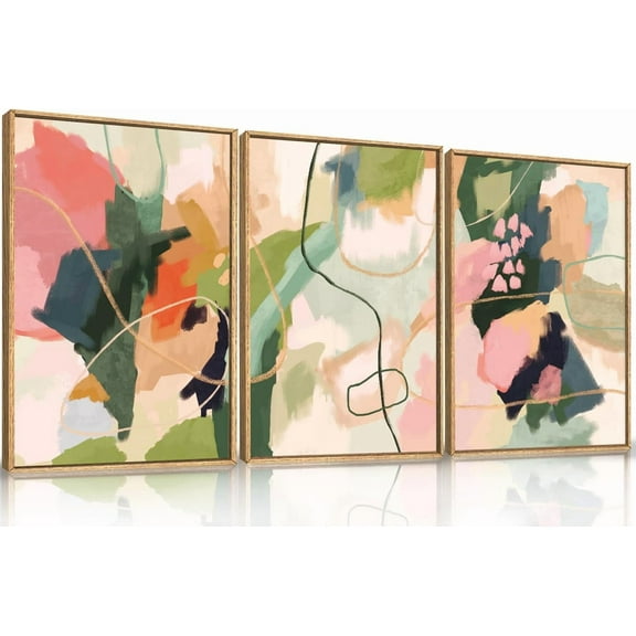 Colorful Abstract Framed Canvas Wall Art Set,Modern Multicolor Pastel Minimalist Line Wall Decor,Boho Green and Pink Painting for Living Room,Bedroom-16 x24 x3