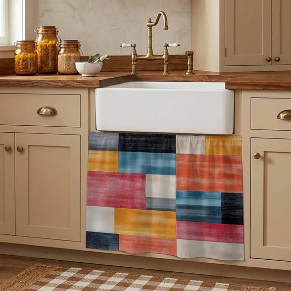 Colorful Abstract Geo Cabinet Curtains 27.6"W x 35.4"L, Vintage Color Block Under Sink Skirt for Bathroom Vanity Kitchen Self Adhesive, Dust-Proof Privacy Curtain for Closet Shelves Laundry Room