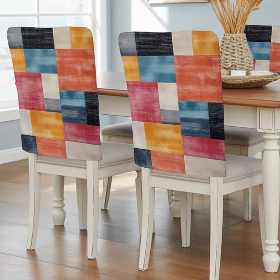 Colorful Abstract Geo Chair Back Covers, Vintage Color Block Removable Chair Covers for Dining Chairs Set of 4, Washable Chairs Slipcovers Back Seat Protector for Wedding Party 19"x20"