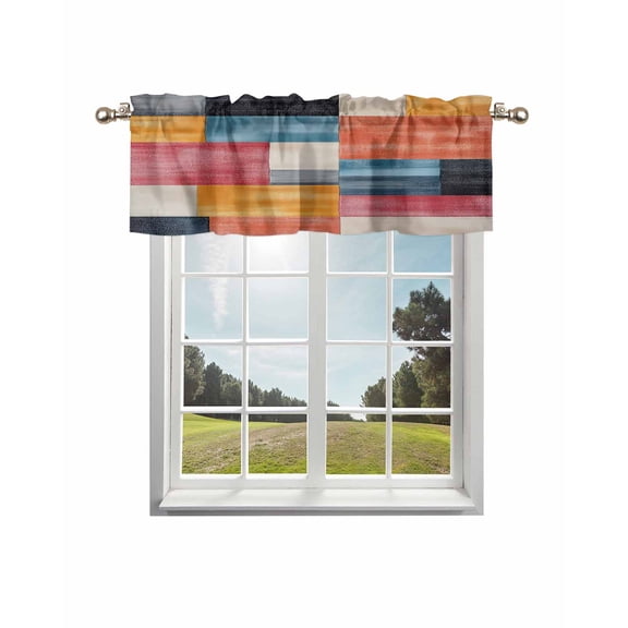 Colorful Abstract Geo Curtain Valance for Windows/Living Room/Kitchen/Bathroom/Café, Short Rod Pocket Tier Curtain Window Treatment Panel Vintage Color Block Topper Curtain 42''x18''