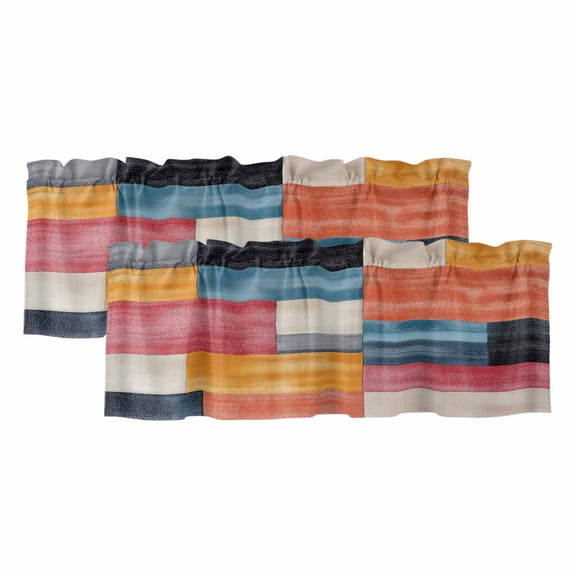 Colorful Abstract Geo Curtain Valances for Windows, Kitchen Valance Window Treatments Panel 2 Pack, Vintage Color Block Rod Pocket Short Curtains for Bathroom Bedroom 42 x 12 Inch