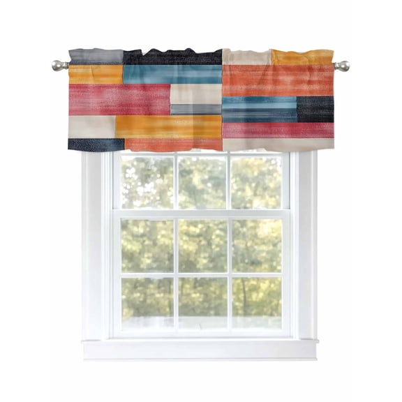 Colorful Abstract Geo Curtain Valances for Windows, Vintage Color Block Kitchen Valance Window Treatment, Light Filtering Block Curtains for Bathroom/Bedroom/Living Room 42'' x 12''