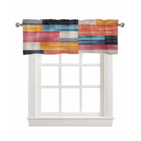 Colorful Abstract Geo Kitchen Valances for Windows Farmhouse Linen Window Valance Curtain for Living Room Window Treatment Vintage Color Block Valance Rod Pocket Topper Drape, 42 x 12 Inch