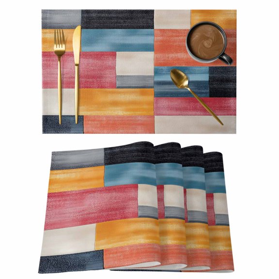 Colorful Abstract Geo Placemats Set of 8 Vintage Color Block Place Mats Indoor Wipeable Table Mats Washable Cloth Dining Table Placemats for Kitchen Holiday Party Home Decor 13x19 Inch