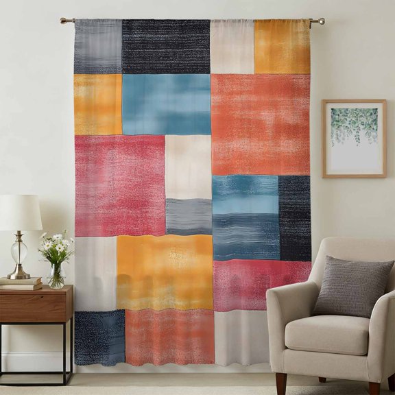 Colorful Abstract Geo Sheer Curtains 45 Inches Long, Vintage Color Block Light Filering Curtains, Breathable Simi Curtain Privacy Drapes for Kitchen Bathroom Lightweight Small Window Treatment