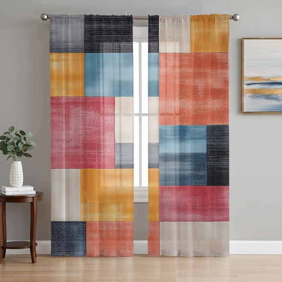 Colorful Abstract Geo Sheer Curtains 63 Inch Length 2 Panels Set, Vintage Color Block Voile Window Treatment Rod Pocket Curtains Sheers Drapes for Bedroom/Living Room/Kitchen 52x"63"x2