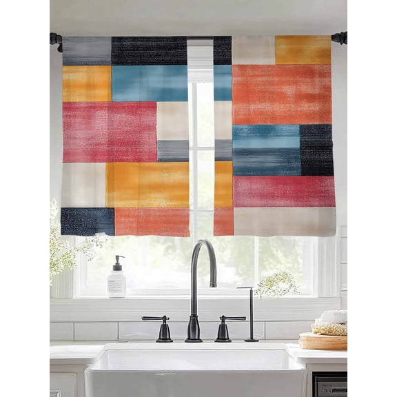 Colorful Abstract Geo Sheer Curtains for Living Room Bedroom Vintage Color Block Sheer Curtains 45 Inch Long 2 Panels Set Light Filtering Curtain Window Treatments Drapes for Dining Room
