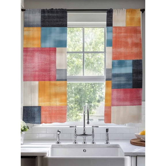 Colorful Abstract Geo Sheer Curtains for Living Room Bedroom Vintage Color Block Sheer Curtains 63 Inch Long 2 Panels Set Light Filtering Curtain Window Treatments Drapes for Dining Room