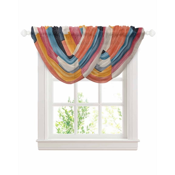 Colorful Abstract Geo Sheer Waterfall Valance Curtains for Window, Vintage Color Block Rod Pocket Sheer Topper Swag Curtains for Living Room, Kitchen 38.5"W x 47.2"L, 2 Panels