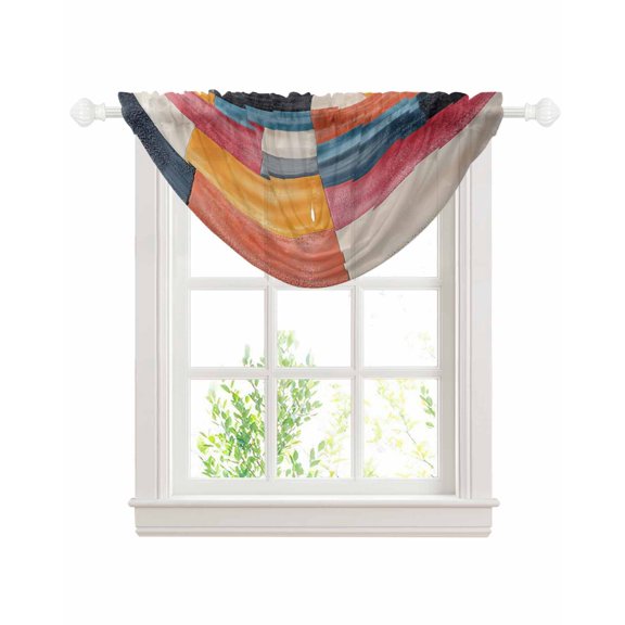 Colorful Abstract Geo Sheer Waterfall Valance Curtains for Window, Vintage Color Block Rod Pocket Sheer Topper Swag Curtains for Living Room, Kitchen 38.5"W x 47.2"L, 1 Panel