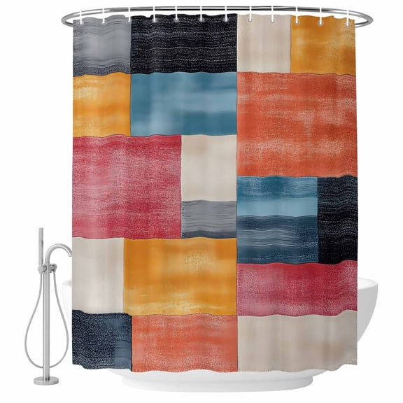 Colorful Abstract Geo Shower Curtain Set - Small 36" x 72" Washable Bathtub Curtain with 12 Hooks, Vintage Color Block Waterproof Fabric Stall Shower Curtains for Bathroom/Bathtub Décor