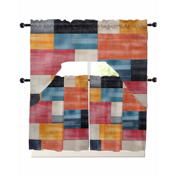 Colorful Abstract Geo Swag Curtains for Living Room/Bedroom Windows, Vintage Color Block Kitchen Curtains and Valances Set 36 Inch Length, Light Filtering Swags Valance Curtain Panels