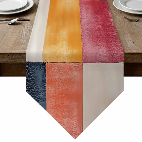 Colorful Abstract Geo Table Runner Linen Burlap Table Runner 60 Inches Long Vintage Color Block Dresser Scarves for Kitchen Island Coffee Dining Room Party Wedding Banquet Holiday Decoration 13"x60"