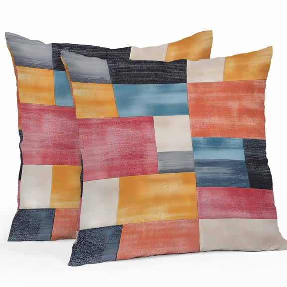 Colorful Abstract Geo Waterproof Outdoor Throw Pillow Covers 16''x16'' Pack 2, Pillow Cases Throw Cushion Cover with Zipper, Vintage Color Block Washable Pillowcase for Poolside Sofa
