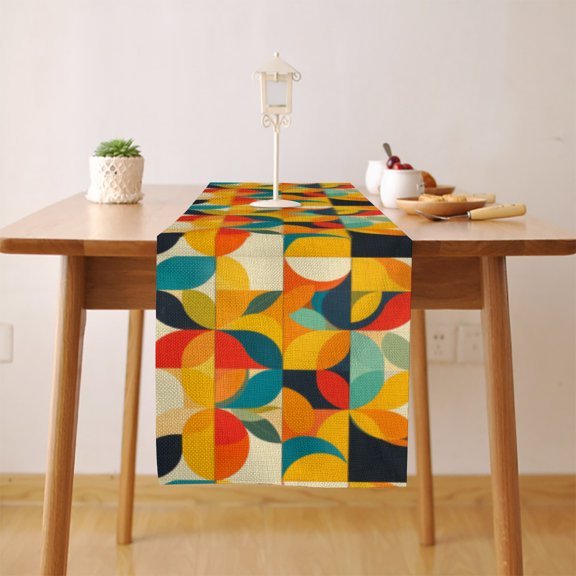 Colorful Abstract Geometric Shapes Curves Table Runner, Seasonal Fall Winter Kitchen Dining Table Decoration for Home Party Decor 18 x 72 Inch