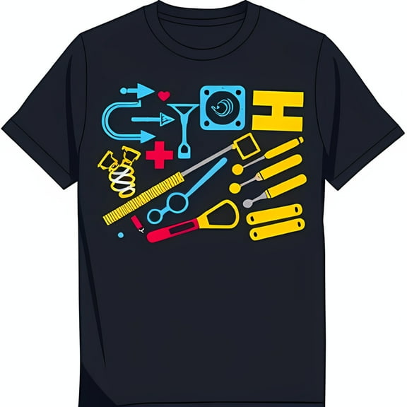 Colorful Abstract Graphic Black T-Shirt with Arrows Swirls and Heart Design