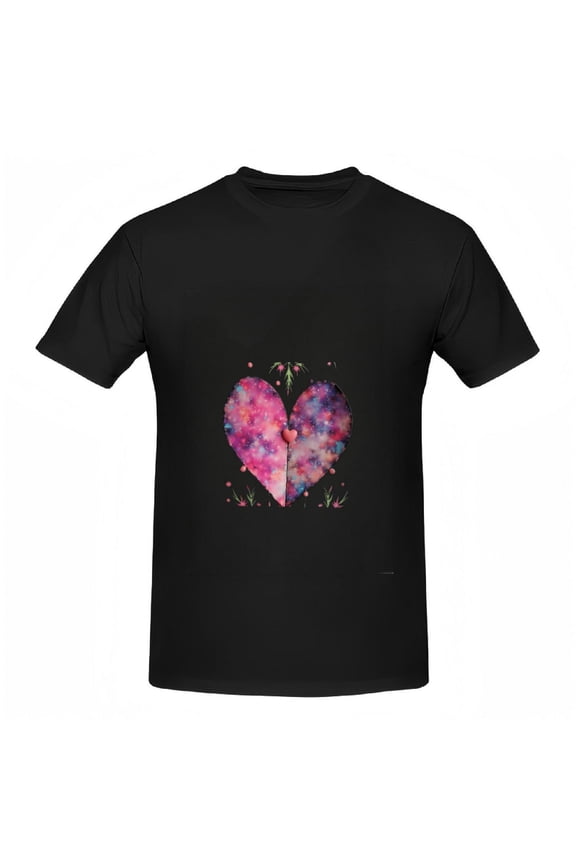 Colorful Abstract Heart Design Cotton Short Sleeve T-Shirt for Women - Vibrant Pink Purple & Blue with Green Leaves & Red Dots