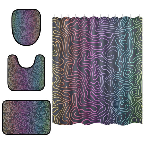 Colorful Abstract Line 4 Piece Bathroom Set Waterproof Bath Curtain Anti-Slip Mats and Toilet Pad Practical and Affordable 66x72in Curtain