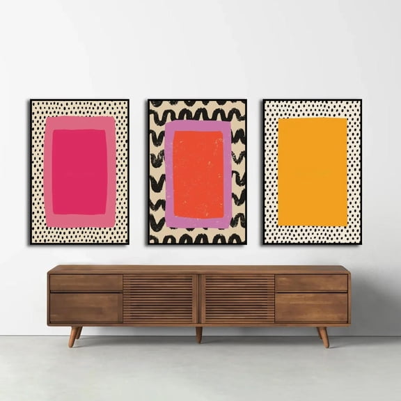 Colorful Abstract Modern Geometric Bold Pattern Mid Century Style Triptych Fun Contemporary Art Set 3 Stretched Canvas 8x12