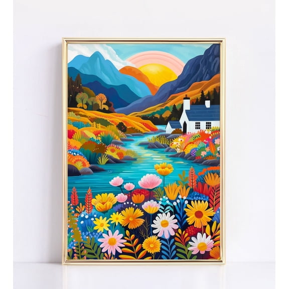 Colorful Abstract Mountain Artwork, Vibrant Acrylic Art Poster, Modern Illustration For Living Room, Scenic Floral Contemporary Home Decor, 8x12 UNFRAMED