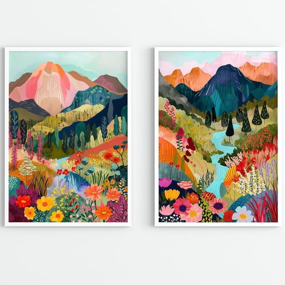 Colorful Abstract Mountain Landscape Art Prints - Set 2 Stretched Canvas 12x18