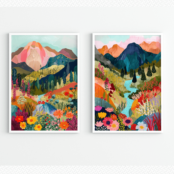 Colorful Abstract Mountain Landscape Poster Set 2 Prints Set 2 , Poster Only
