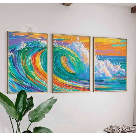 Colorful Abstract Ocean Wave Coastal Seascape Trio Set 3 Stretched ...