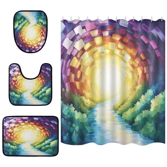 Colorful Abstract Pattern Bathroom Accessory Curtain Sets Bath Curtain Anti-Slip Mats and Toilet Pad 66x72in