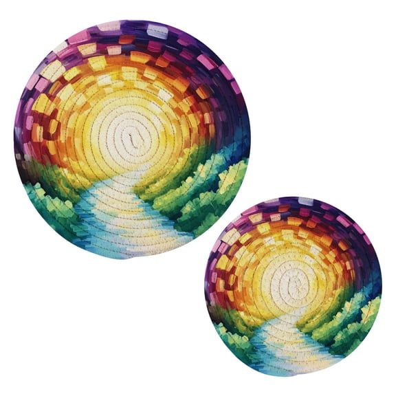 Colorful Abstract Pattern Trivets Potholders Cotton Braided Potholders Heat-Resistant Pads 7.09'' and 9.45''