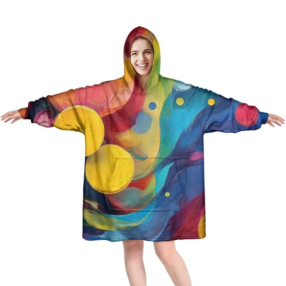 Colorful Abstract Pattern Wearable Oversized Blanket,Wearable Blanket Hoodie for Adults,Cozy Hooded Blankets with Super Pockets,Super Warm Fuzzy Pullover for Women & Men