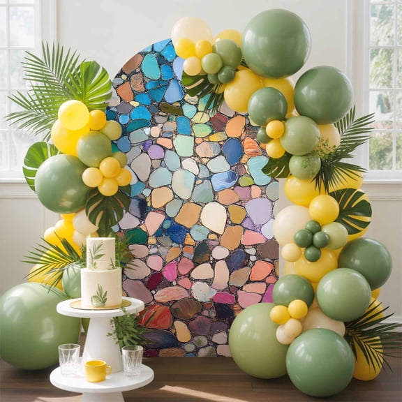 Colorful Abstract Pebble Stone Arch Backdrop Cover Stretchy Spandex Arch Cover 6ft, Retro Tiles Mosaic Pattern Round Top Chiara Stand Covers for Wedding Birthday Party Ceremony Banquet