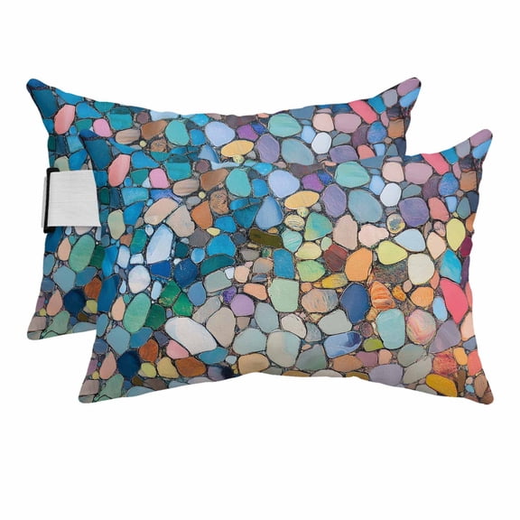 Colorful Abstract Pebble Stone Outdoor Pillow for Chaise Lounge Chair,Retro Tiles Mosaic Pattern Waterproof Headrest Lumbar Pillows with Insert&Elastic Strap for Patio Pool Garden Chairs Decor,2 Pack