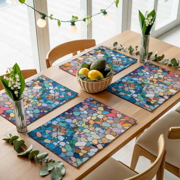 Colorful Abstract Pebble Stone Placemats Set of 4,Wipeable Washable Table Mats for Dining Tables, Retro Tiles Mosaic Pattern Place Mats for Kitchen Event Party Tabletop Decor