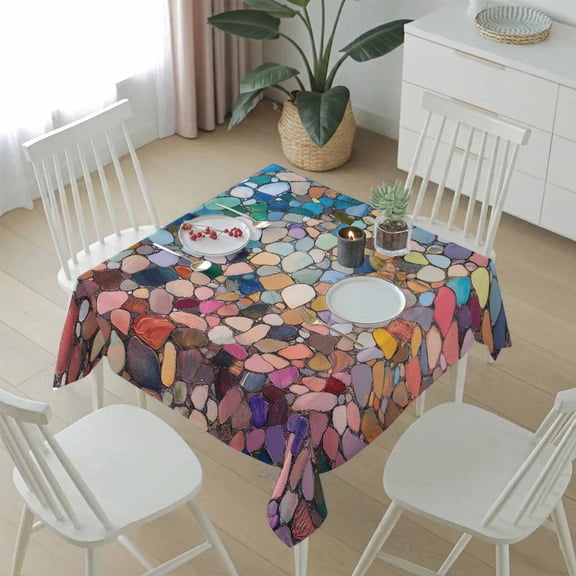Colorful Abstract Pebble Stone Table Cloth 54x54in, Waterproof Square Tablecloth Wipeable Tablecloths Retro Tiles Mosaic Pattern Table Covers for Dining Tables Party Indoor Outdoor