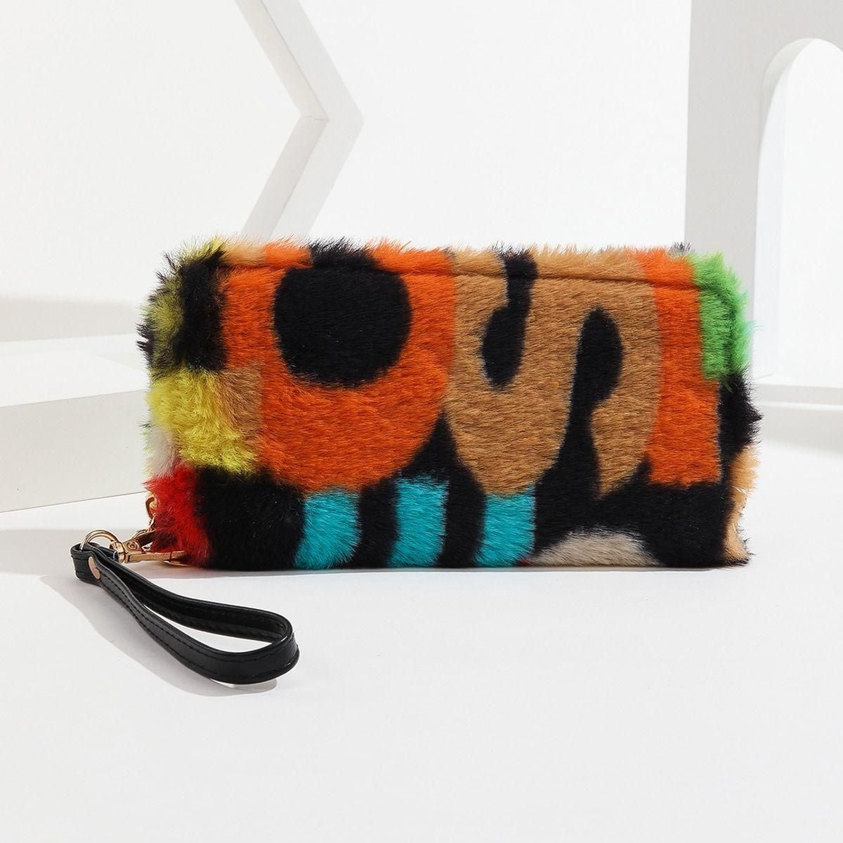 Colorful Abstract Print Fluffy Long Wallet Fuzzy Plush Wristlet Clutch Bag