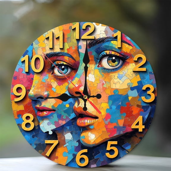 Colorful Abstract Puzzle Faces Wall Clock 10-Inch Silent Wooden Wall Clock, Battery Operated (AA Batteries Not Included), Artistic Home Decor