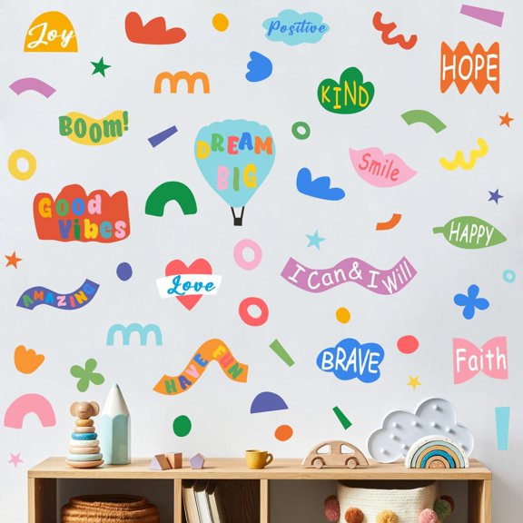 Colorful Abstract Shape Wall Decal Positive Quote Geometric Stickers | Hot Air Balloon Clouds DIY Stickers, Vinyl Inspirational Quote Geometric Wall Art for Classroom Playroom Kids Bedroom Decor