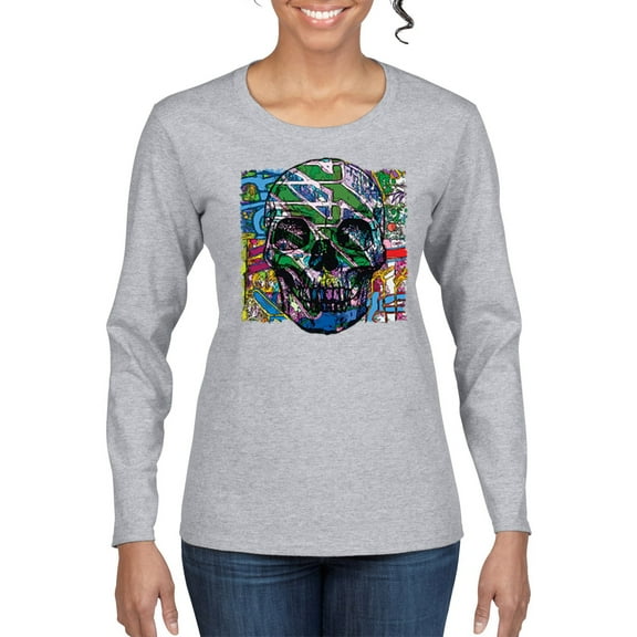 Colorful Abstract Skull Face Streetwear Womens Graphic Long Sleeve T-Shirt, Heather Grey, X-Large