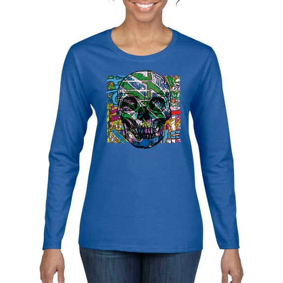 Colorful Abstract Skull Face Streetwear Womens Graphic Long Sleeve T-Shirt, Royal, Medium